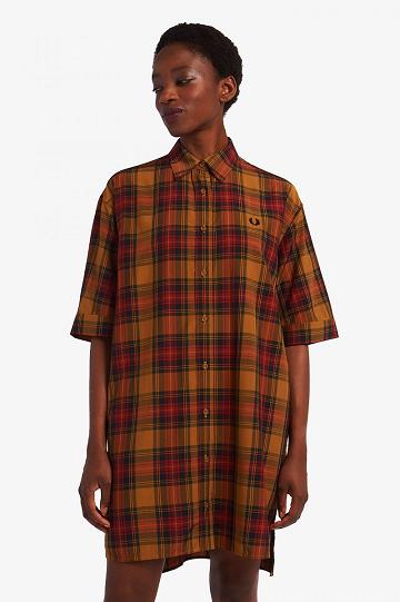 Dámské Šaty Fred Perry Stepped Hem Tartan Shirt Camel | CZ 1161NWYB